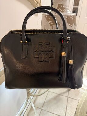 Tory Burch Black Pebbled Leather Double-Zip Satchel with Tassel